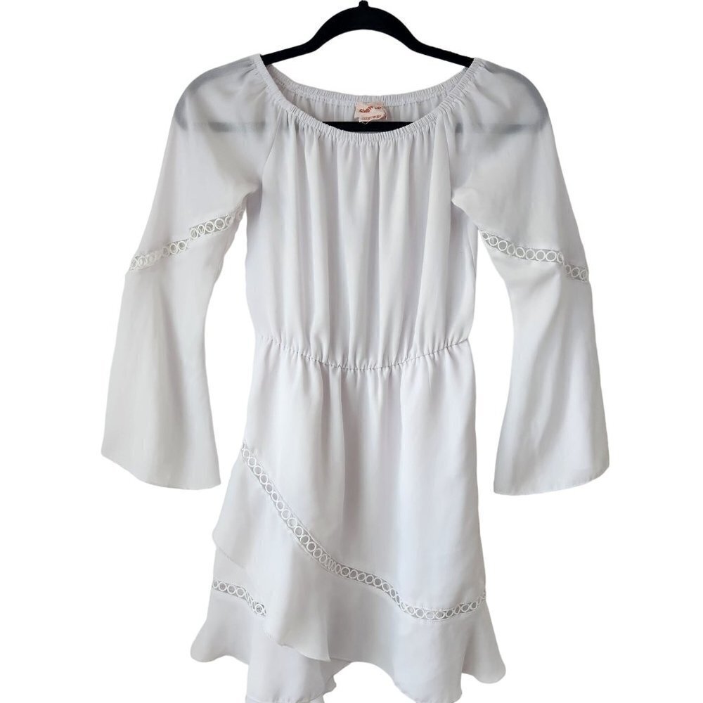 $10 SALE Showpo White Mini Dress Off-Shoulder Boho Flared Bell Sleeve Women's 2